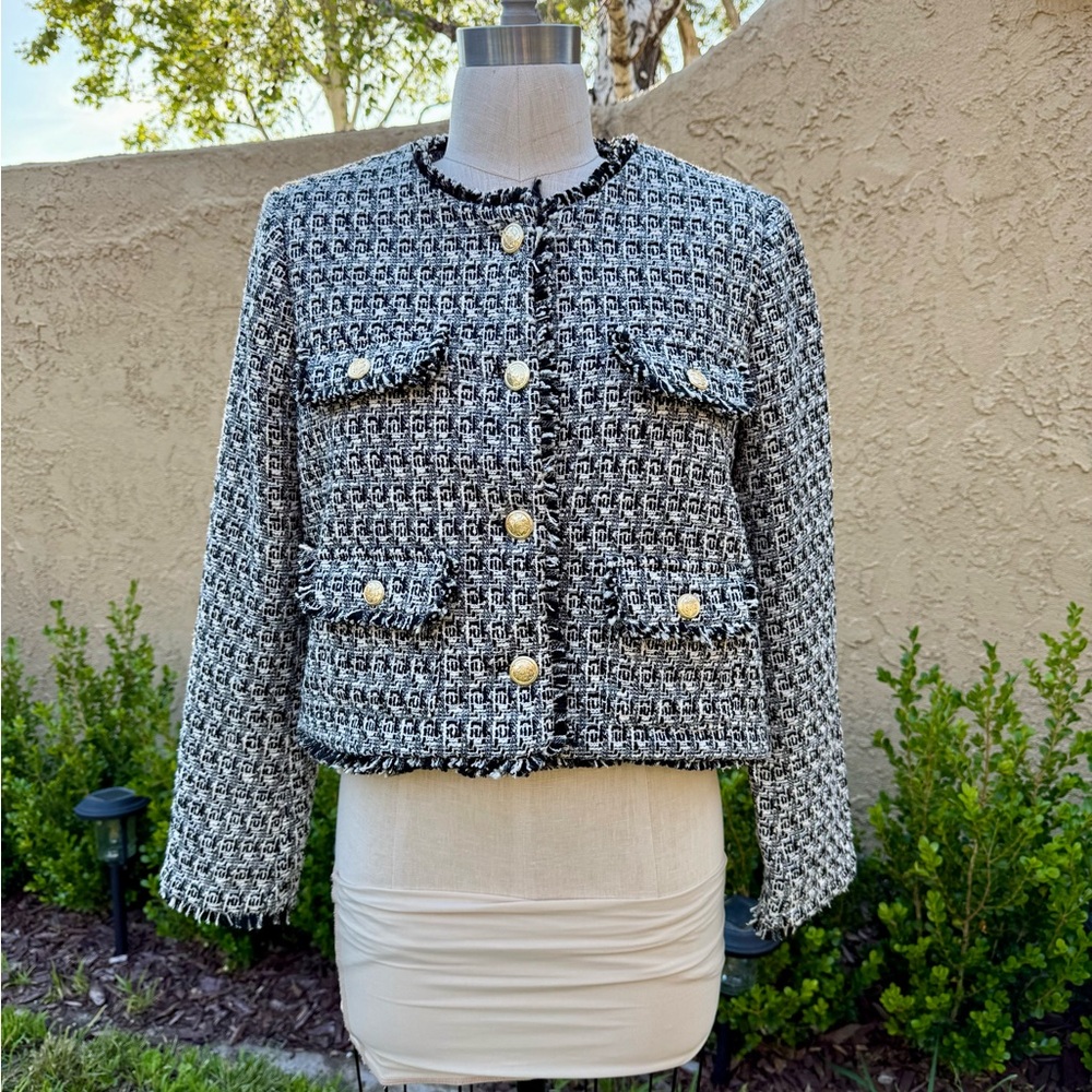 Cyrus Black and White Tweed Blazer with Gold Buttons